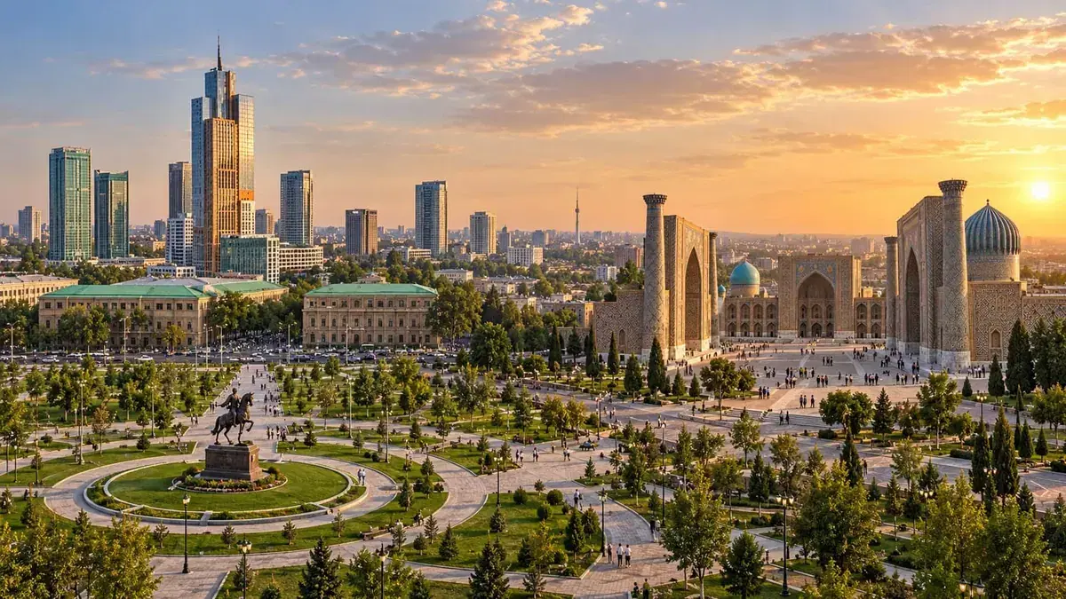 Tashkent skyline and Samarkand Registan at sunset